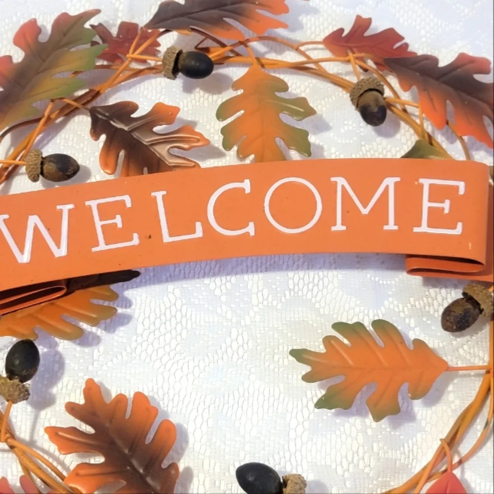 Fall Welcome Sign Metal Autumn Leaf Color Oak Acorn Wreath Door Wall Home Decor